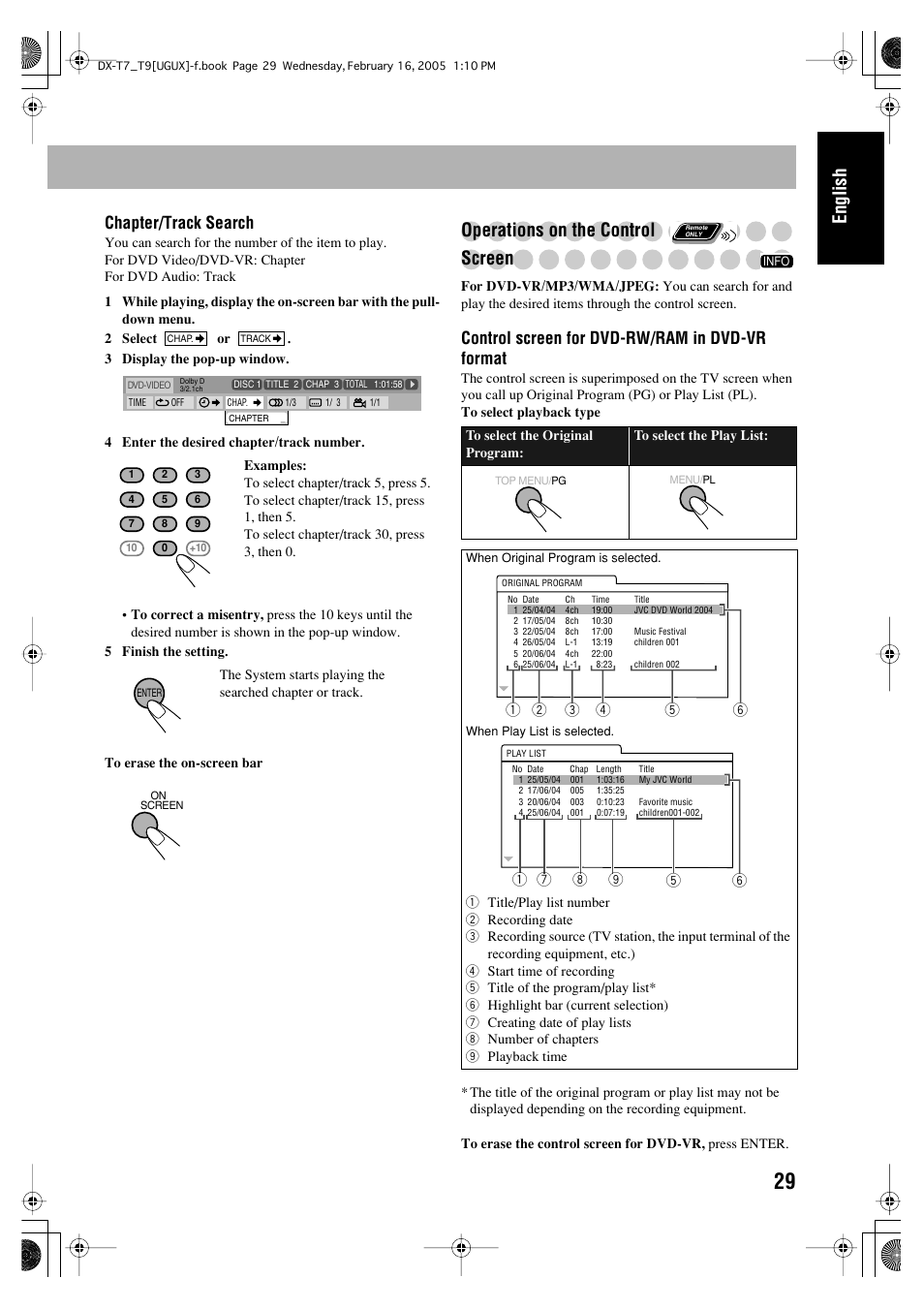 English, Operations on the control screen, Chapter/track search | Control screen for dvd-rw/ram in dvd-vr format | JVC CA-DXT7 User Manual | Page 88 / 212