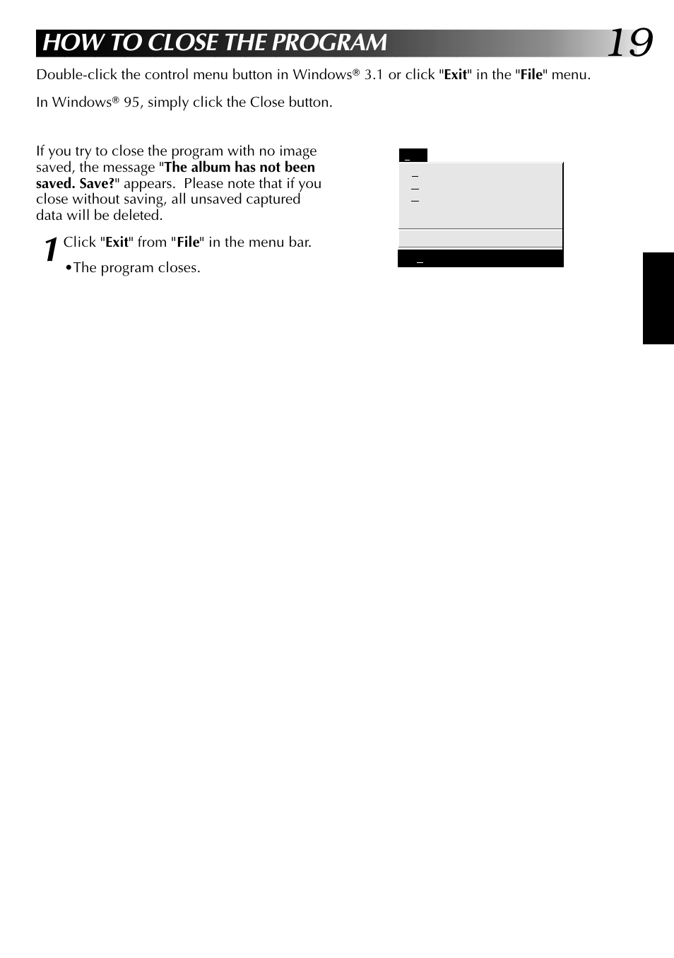 How to close the program | JVC 0397MKV*UN*YP User Manual | Page 19 / 68