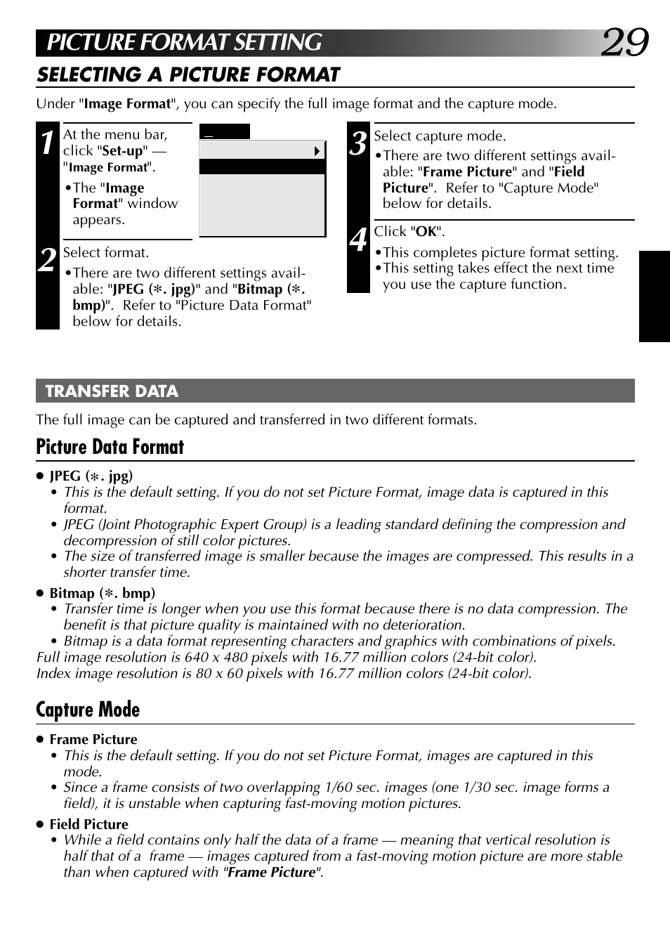 Picture format setting, Picture data format, Capture mode | JVC 0397MKV*UN*YP User Manual | Page 29 / 68