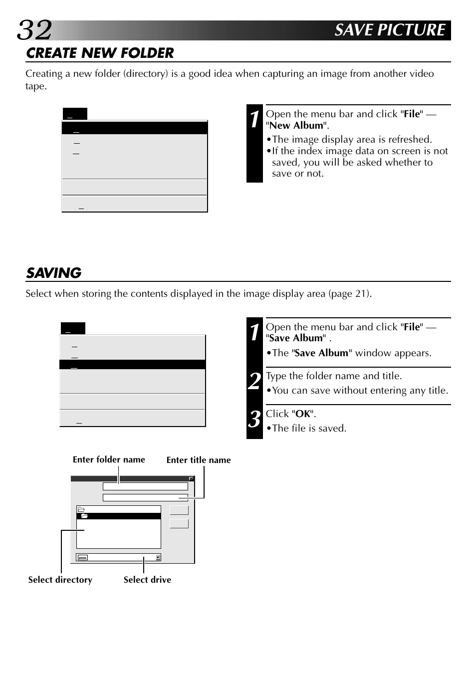 Save picture, Create new folder, Saving | JVC 0397MKV*UN*YP User Manual | Page 32 / 68