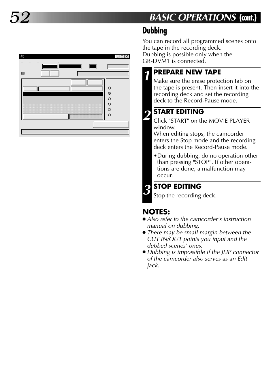 Basic operations, Cont.) dubbing, Prepare new tape | Start editing, Stop editing | JVC 0397MKV*UN*YP User Manual | Page 52 / 68