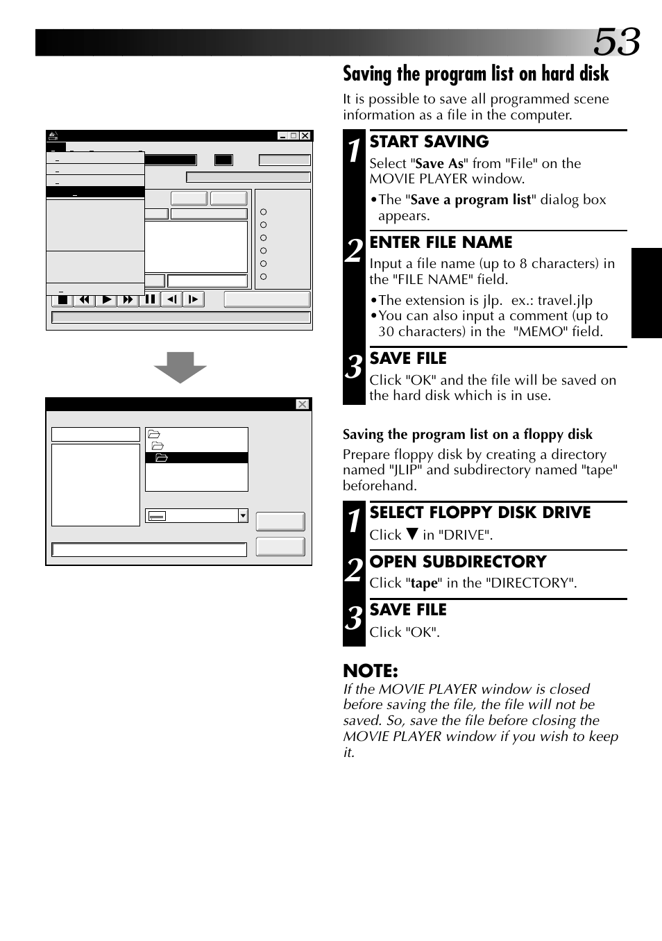 Saving the program list on hard disk, Start saving, Enter file name | Save file, Select floppy disk drive, Open subdirectory, Click, Click " tape " in the "directory, Click "ok | JVC 0397MKV*UN*YP User Manual | Page 53 / 68