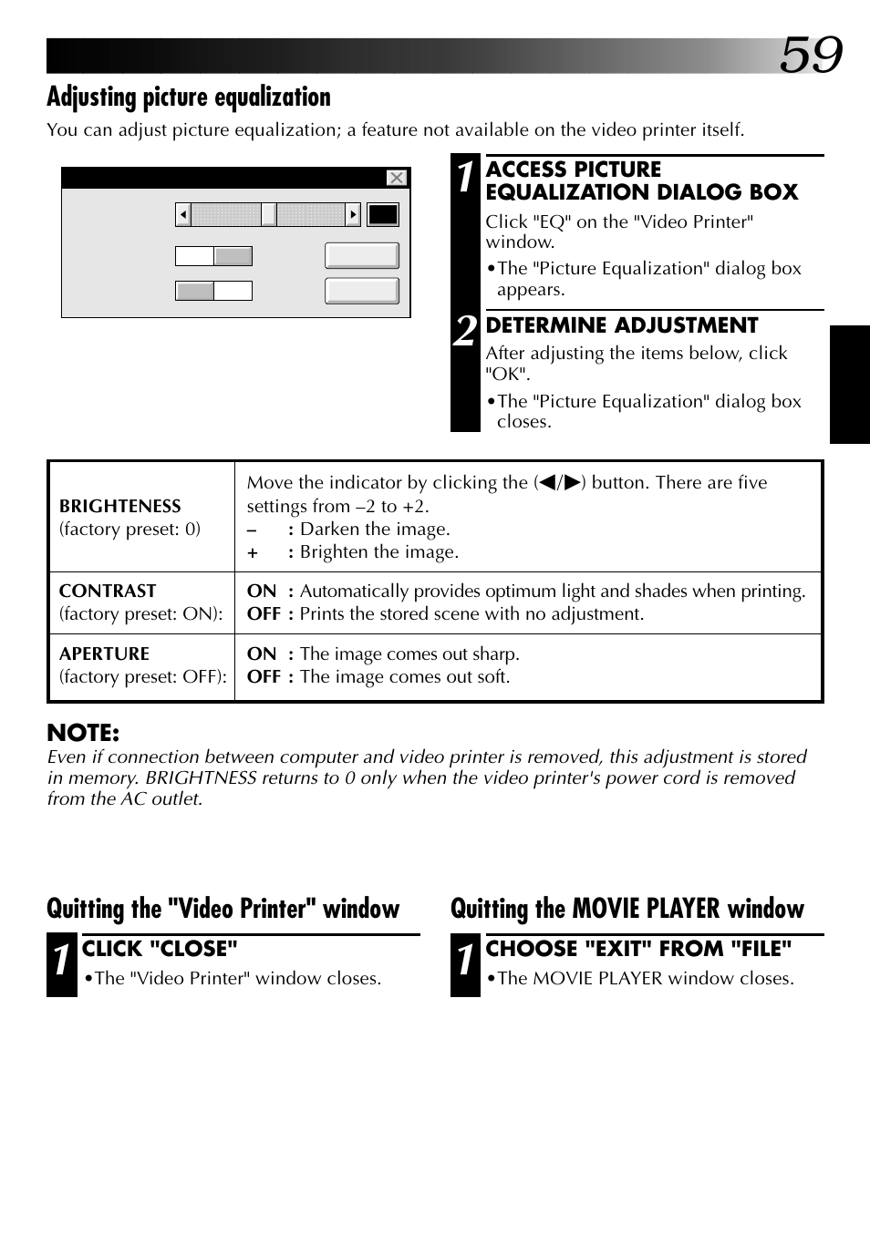 Adjusting picture equalization, Quitting the movie player window, Quitting the "video printer" window | JVC 0397MKV*UN*YP User Manual | Page 59 / 68