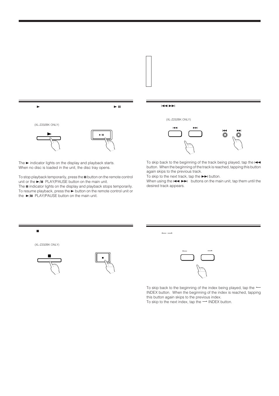 Locating a point to start playback, Basic operations, Playing a disc | Stopping playback, Skipping to a desired track, Skipping to a desired index, For a disc with index), Page 8 | JVC XL-Z132BK User Manual | Page 13 / 20