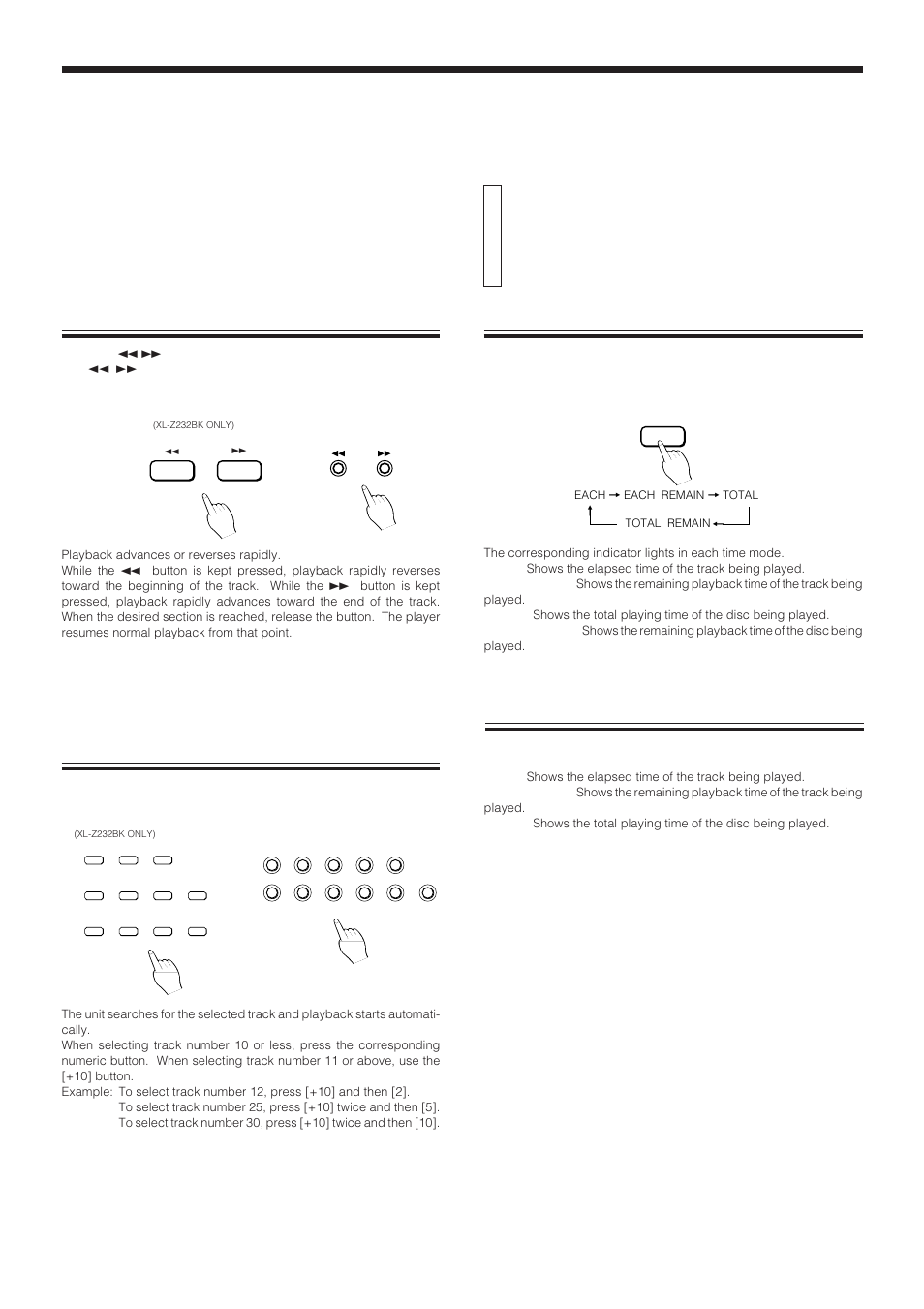 Displaying the time, Specifying a desired track, Page 9 | Swithching the time display on xl-z232bk, Displaying the time on xl-z132bk | JVC XL-Z132BK User Manual | Page 14 / 20