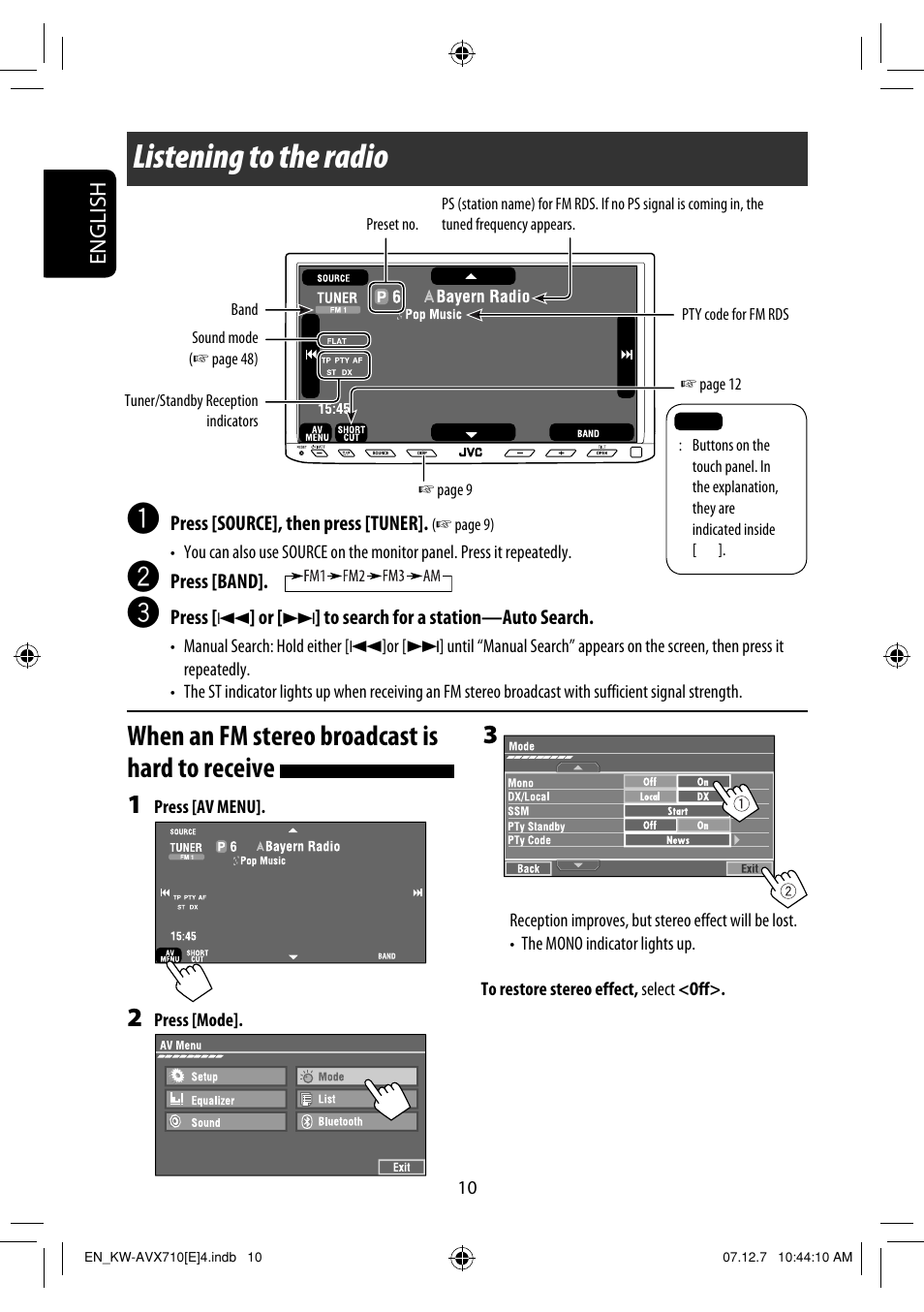 Listening to the radio, When an fm stereo broadcast is hard to receive | JVC KW-AVX710  EU User Manual | Page 10 / 291