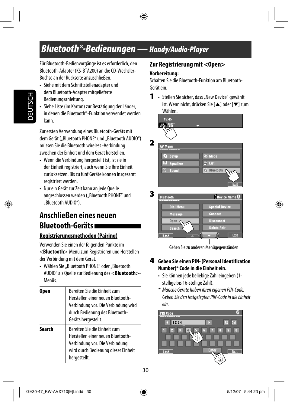 Bluetooth®-bedienungen, Anschließen eines neuen bluetooth-geräts, Handy/audio-player | JVC KW-AVX710  EU User Manual | Page 102 / 291