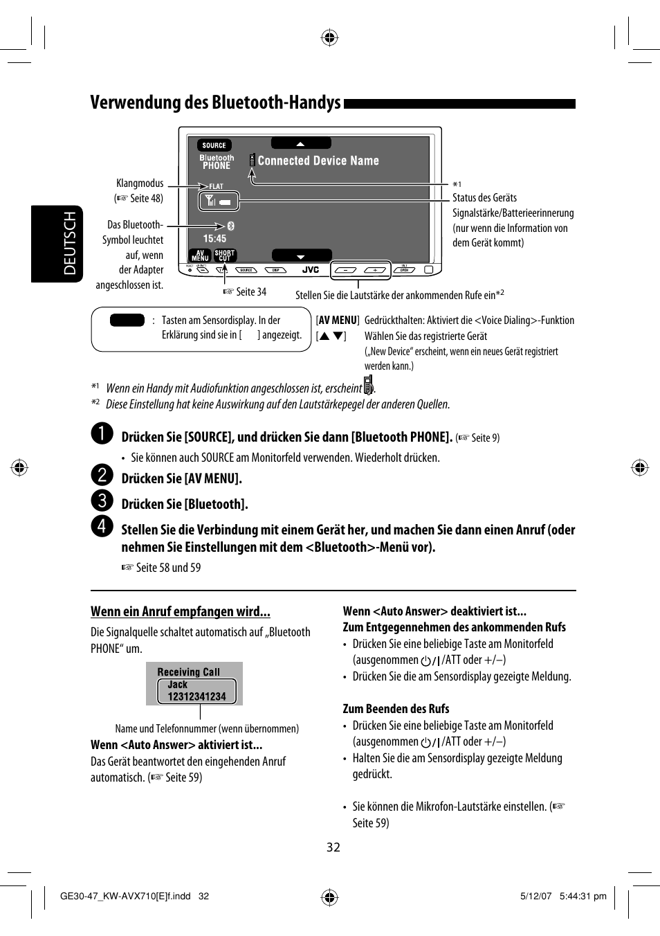 Verwendung des bluetooth-handys, Deutsch | JVC KW-AVX710  EU User Manual | Page 104 / 291