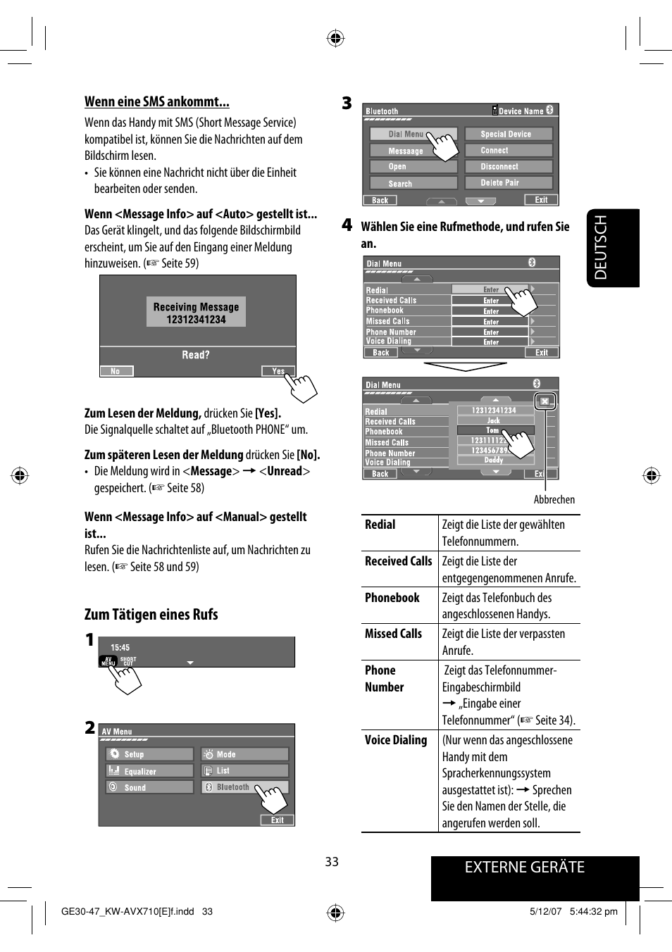 Externe geräte deutsch, Zum tätigen eines rufs | JVC KW-AVX710  EU User Manual | Page 105 / 291