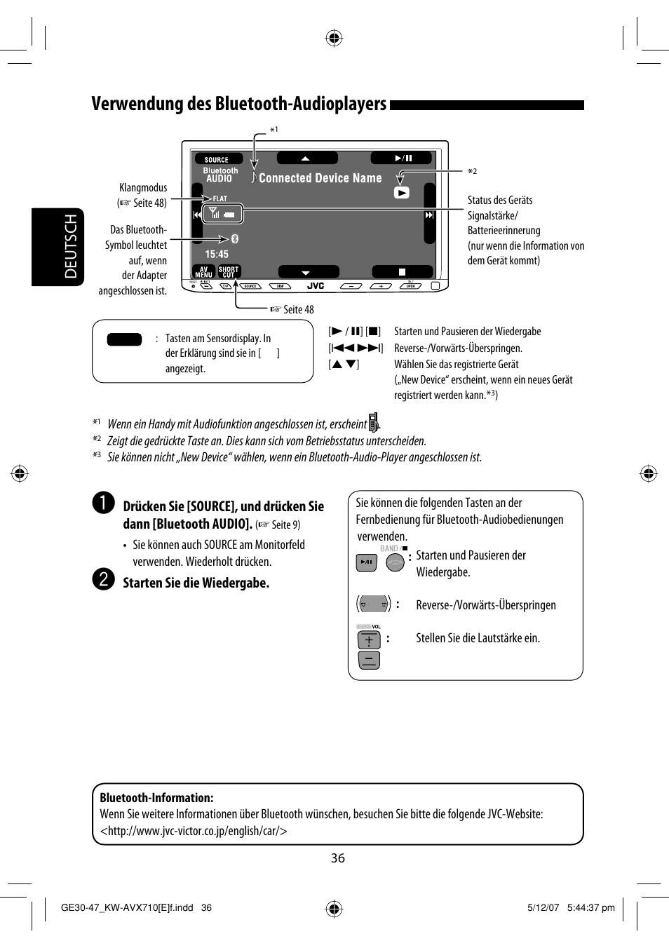 Verwendung des bluetooth-audioplayers, Deutsch | JVC KW-AVX710  EU User Manual | Page 108 / 291