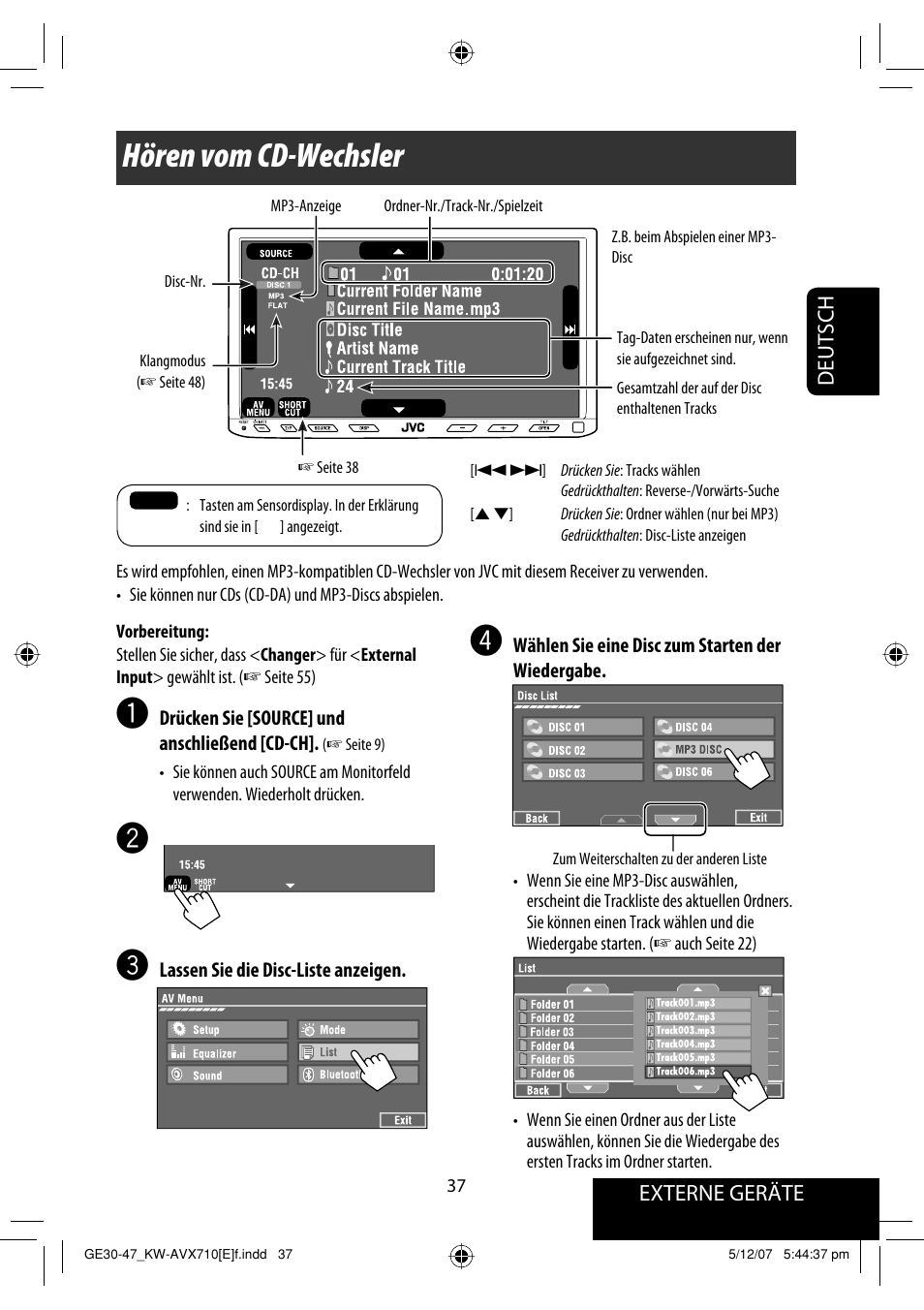 Hören vom cd-wechsler, Externe geräte deutsch | JVC KW-AVX710  EU User Manual | Page 109 / 291