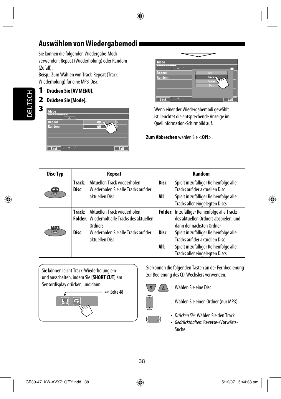 Auswählen von wiedergabemodi, Deutsch | JVC KW-AVX710  EU User Manual | Page 110 / 291