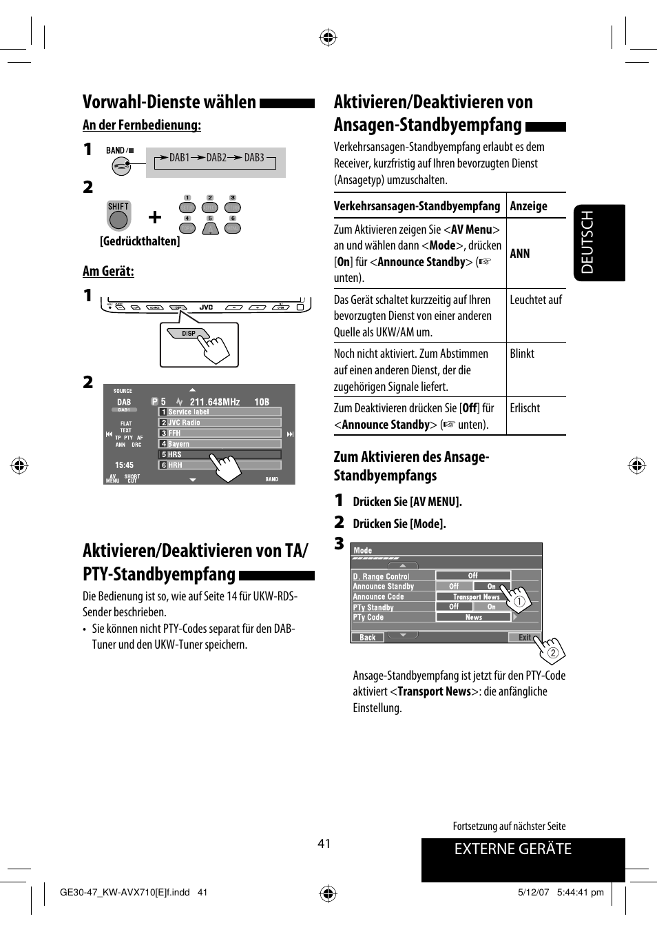 Vorwahl-dienste wählen, Aktivieren/deaktivieren von ta/ pty-standbyempfang, Aktivieren/deaktivieren von ansagen-standbyempfang | JVC KW-AVX710  EU User Manual | Page 113 / 291