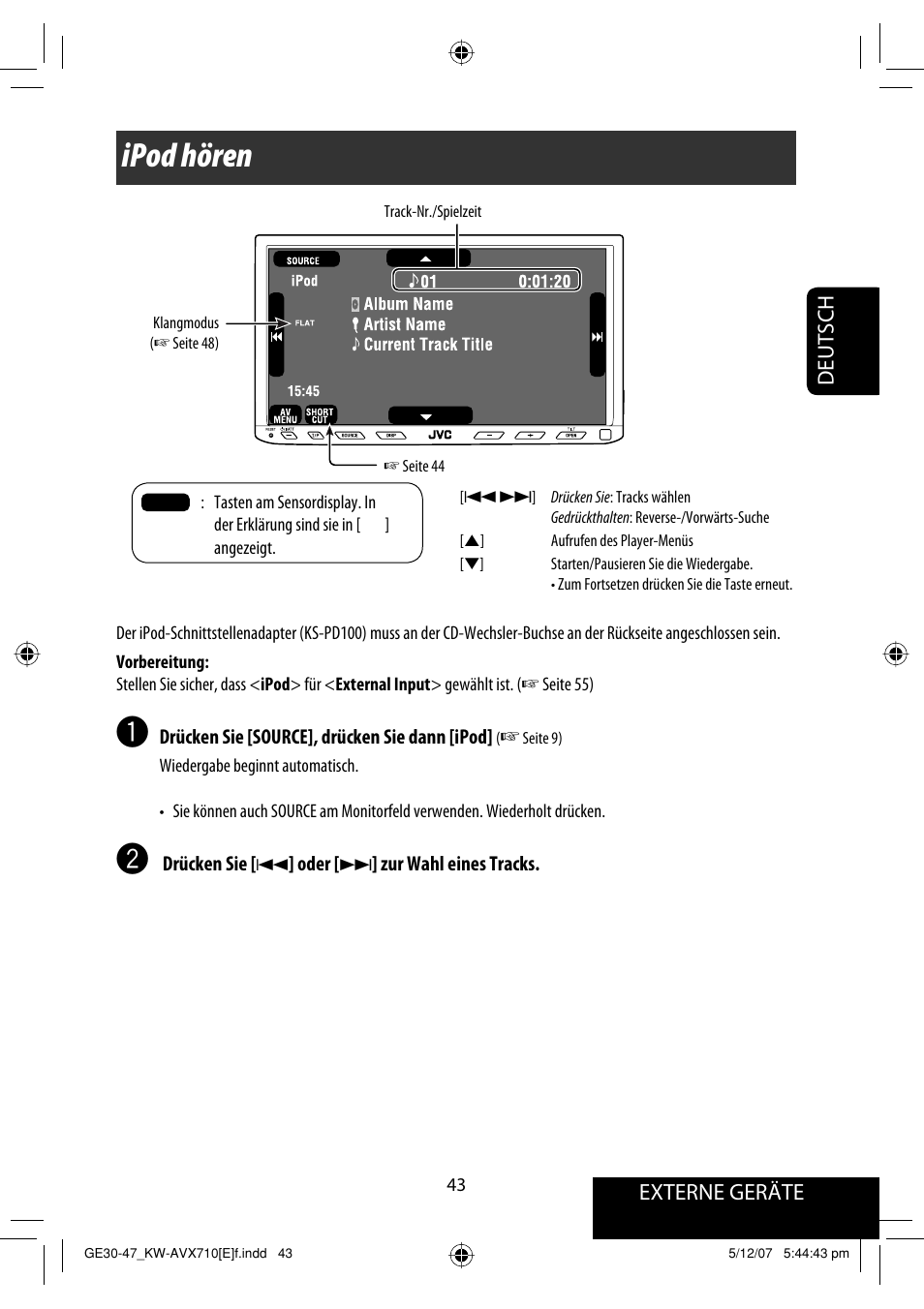 Ipod hören, Externe geräte deutsch | JVC KW-AVX710  EU User Manual | Page 115 / 291