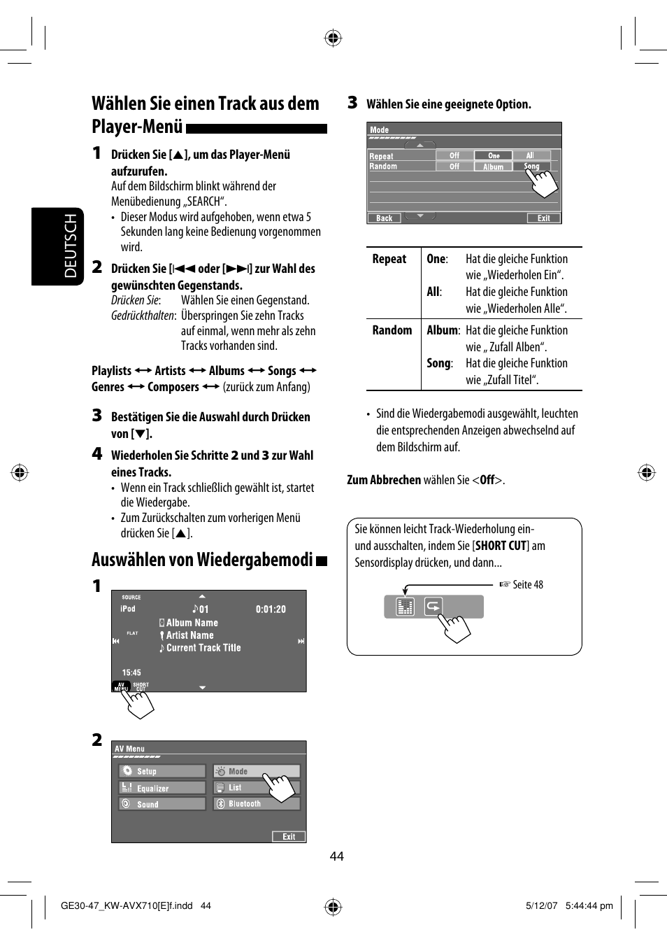 Wählen sie einen track aus dem player-menü, Auswählen von wiedergabemodi | JVC KW-AVX710  EU User Manual | Page 116 / 291