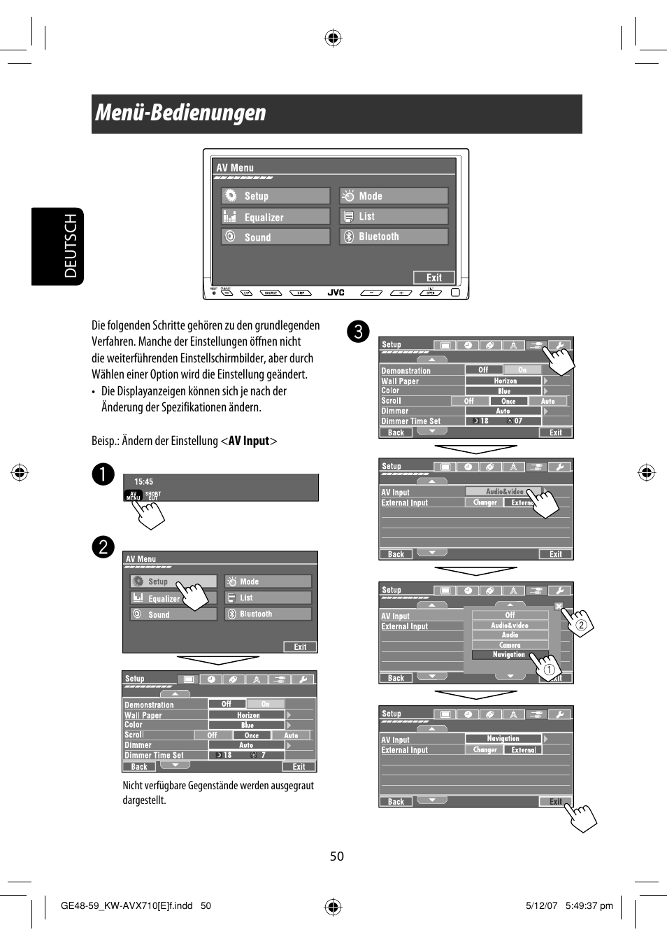 Menü-bedienungen | JVC KW-AVX710  EU User Manual | Page 122 / 291