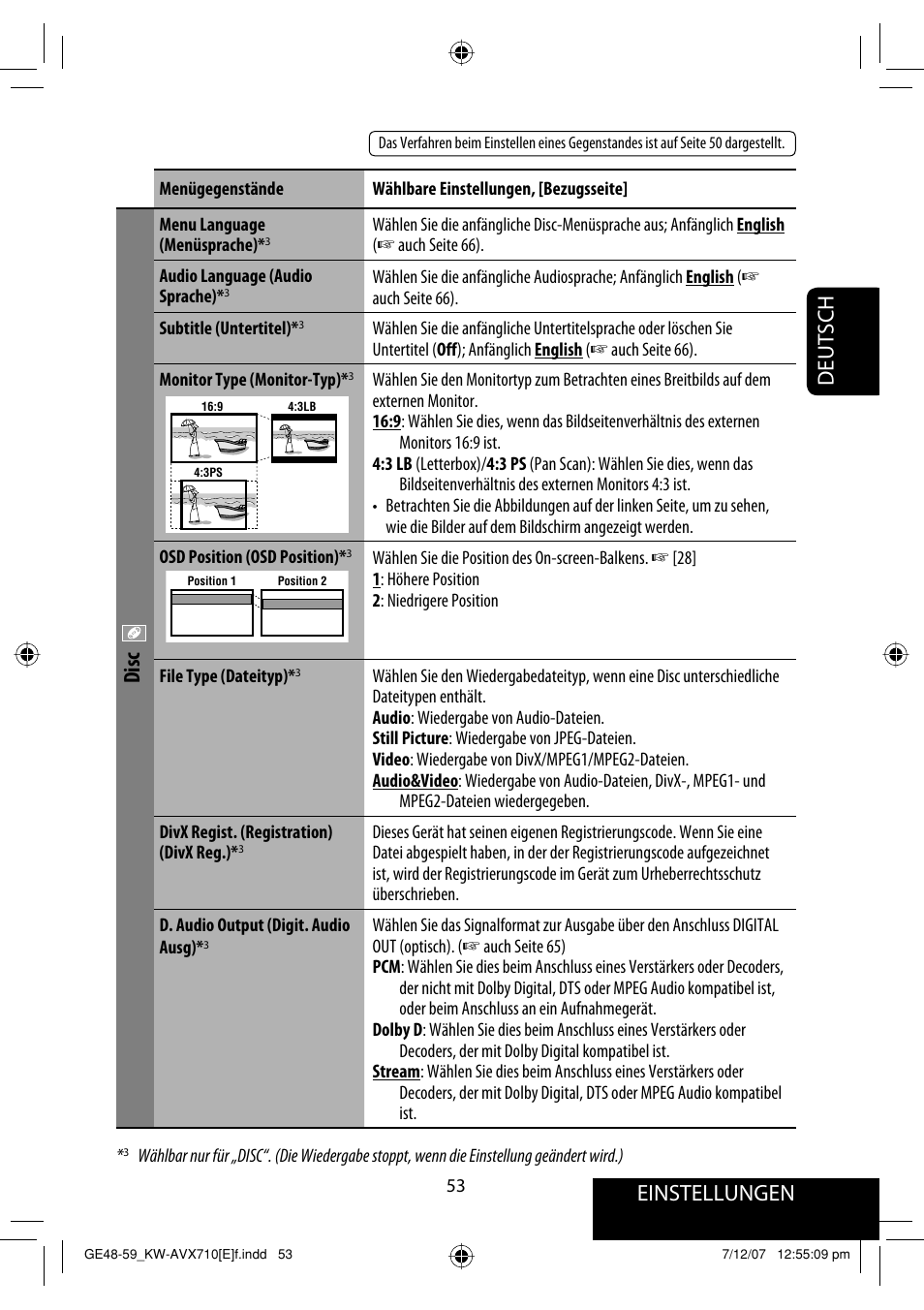 Einstellungen, Deutsch, Disc | JVC KW-AVX710  EU User Manual | Page 125 / 291