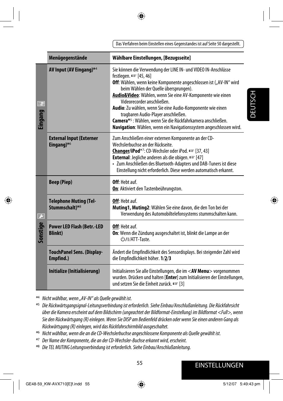 Einstellungen, Deutsch, Eingang | Sonstige | JVC KW-AVX710  EU User Manual | Page 127 / 291