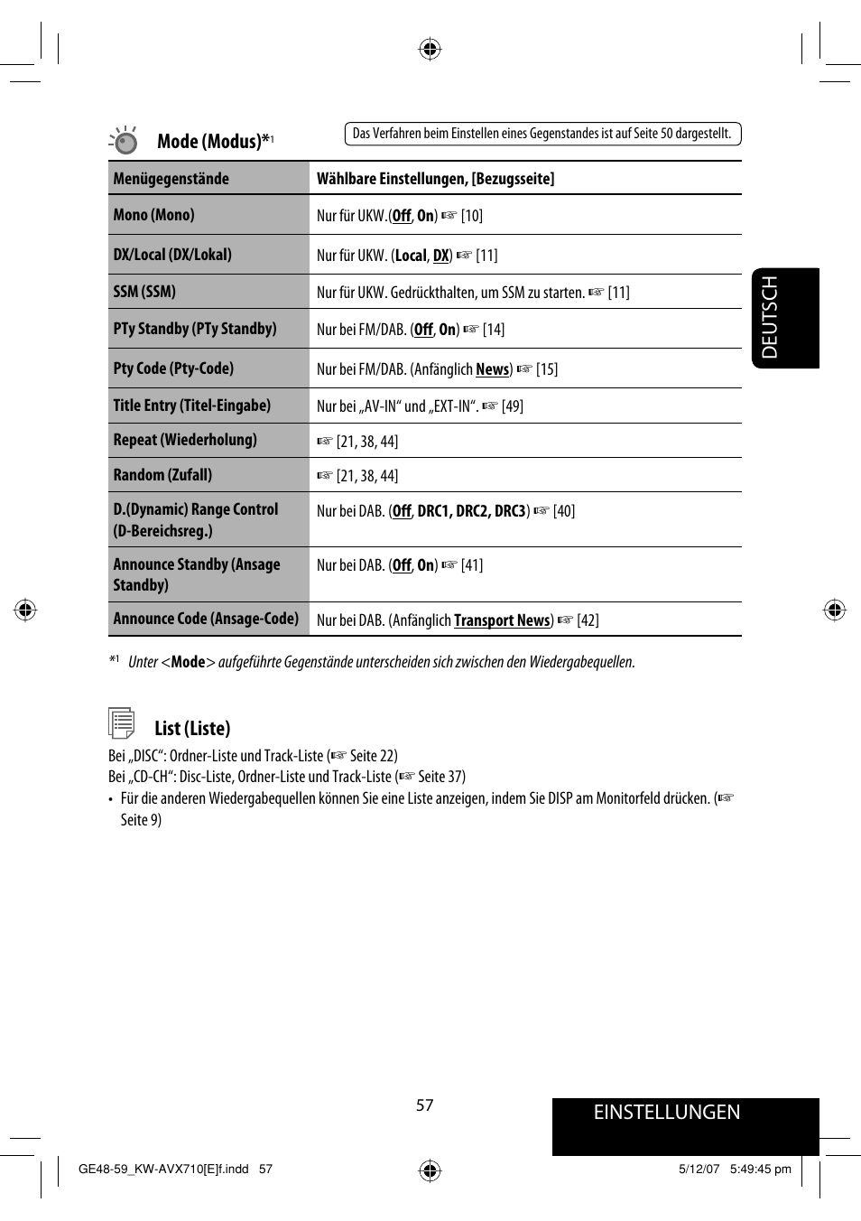 Einstellungen, Deutsch mode (modus), List (liste) | JVC KW-AVX710  EU User Manual | Page 129 / 291
