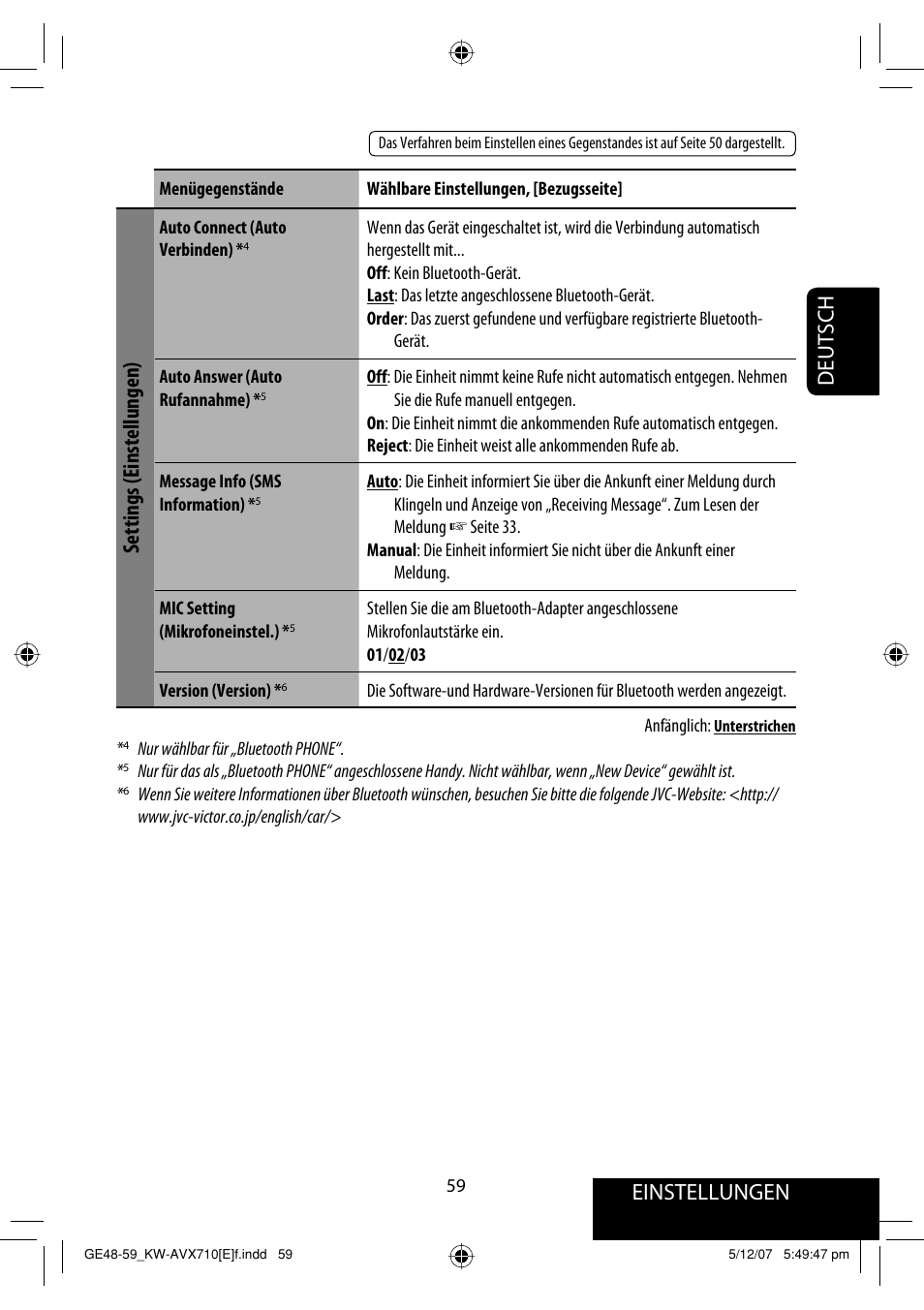 Einstellungen, Deutsch, Settings (einstellungen) | JVC KW-AVX710  EU User Manual | Page 131 / 291