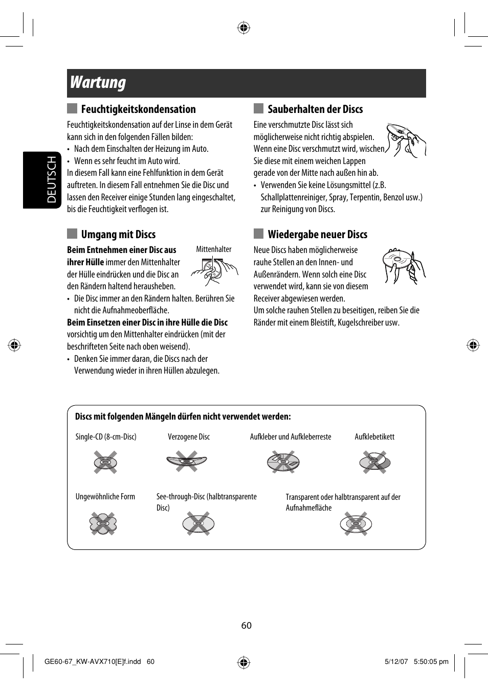 Wartung, Deutsch, Feuchtigkeitskondensation | Umgang mit discs, Sauberhalten der discs, Wiedergabe neuer discs | JVC KW-AVX710  EU User Manual | Page 132 / 291