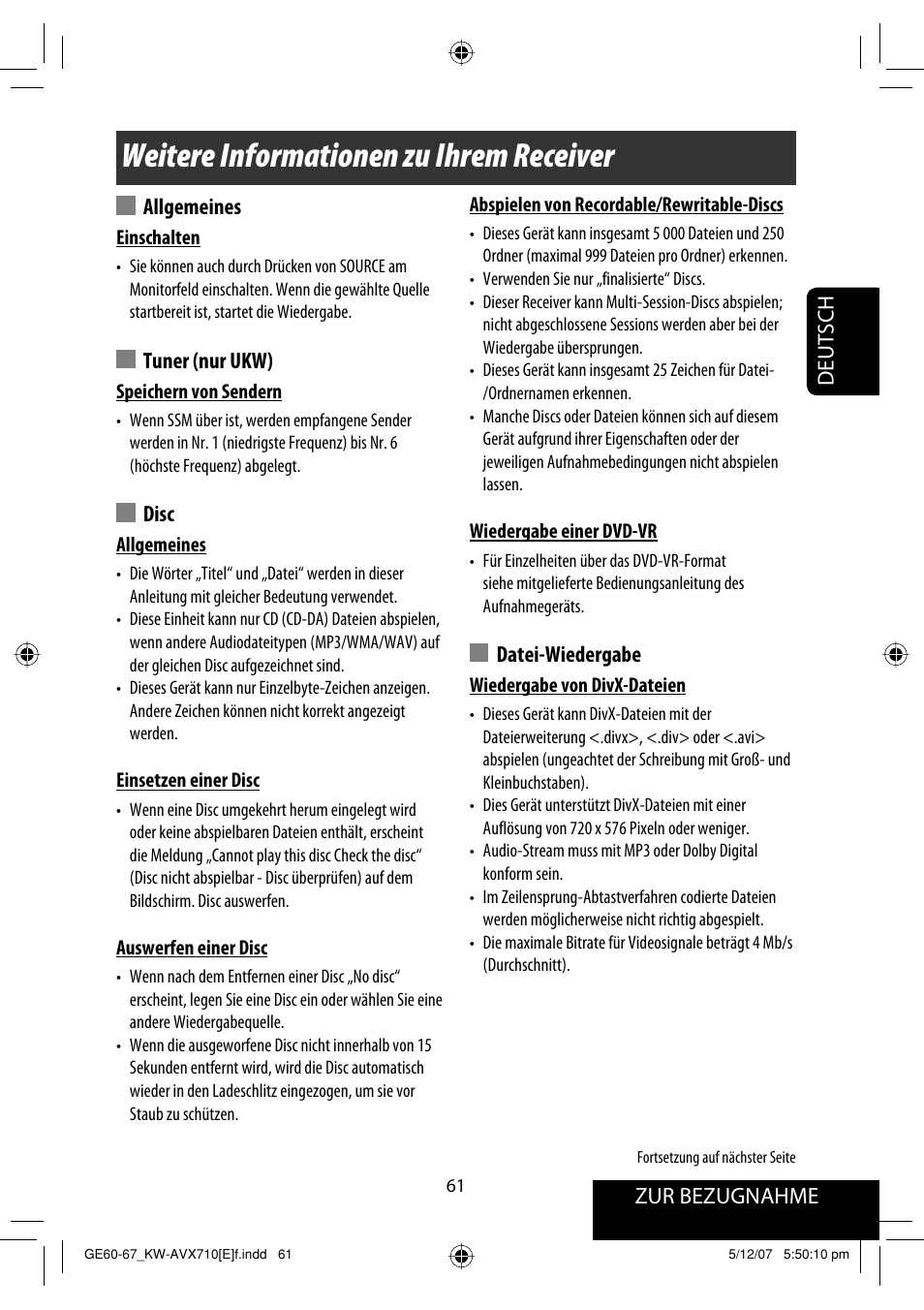 Weitere informationen zu ihrem receiver, Zur bezugnahme deutsch, Allgemeines | Tuner (nur ukw), Disc, Datei-wiedergabe | JVC KW-AVX710  EU User Manual | Page 133 / 291