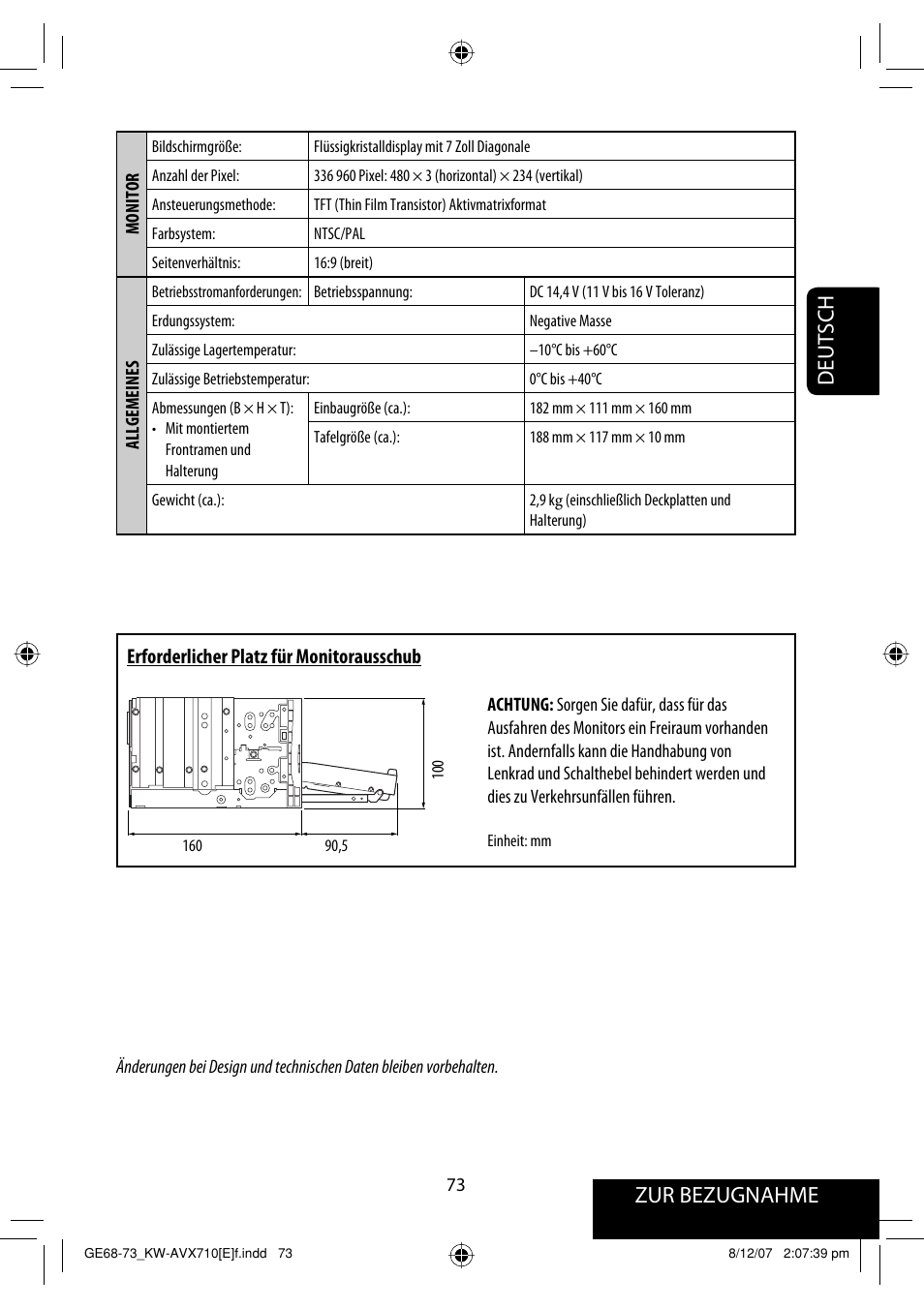 Deutsch zur bezugnahme, Erforderlicher platz für monitorausschub | JVC KW-AVX710  EU User Manual | Page 145 / 291