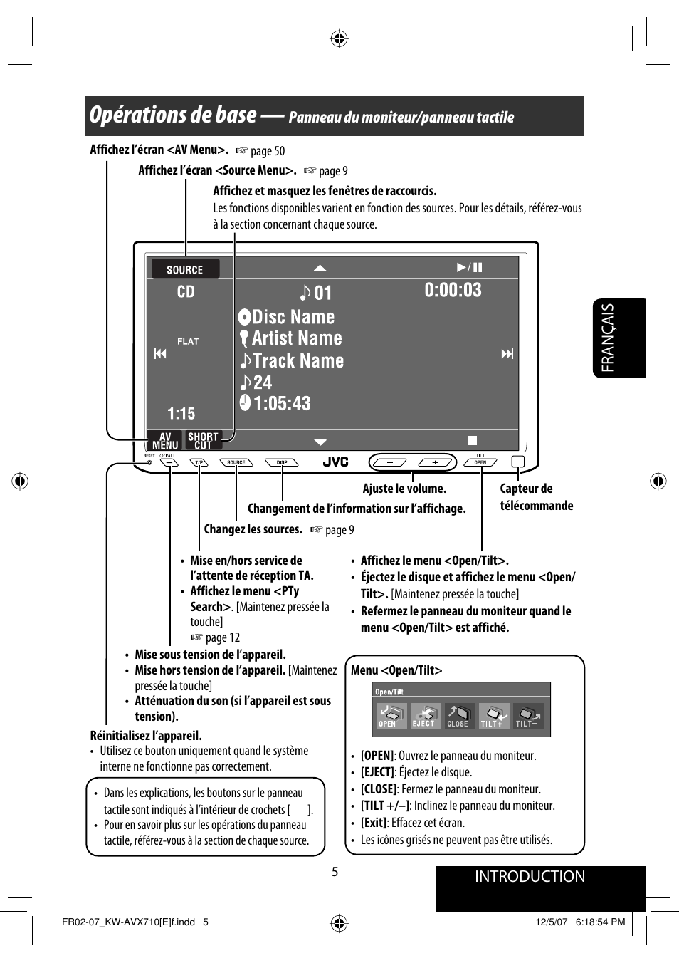 Opérations de base, Français introduction, Panneau du moniteur/panneau tactile | JVC KW-AVX710  EU User Manual | Page 149 / 291