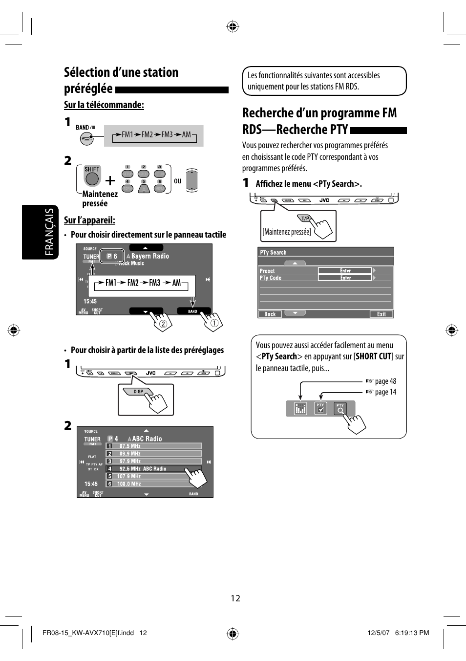 Recherche d’un programme fm rds—recherche pty, Sélection d’une station préréglée | JVC KW-AVX710  EU User Manual | Page 156 / 291