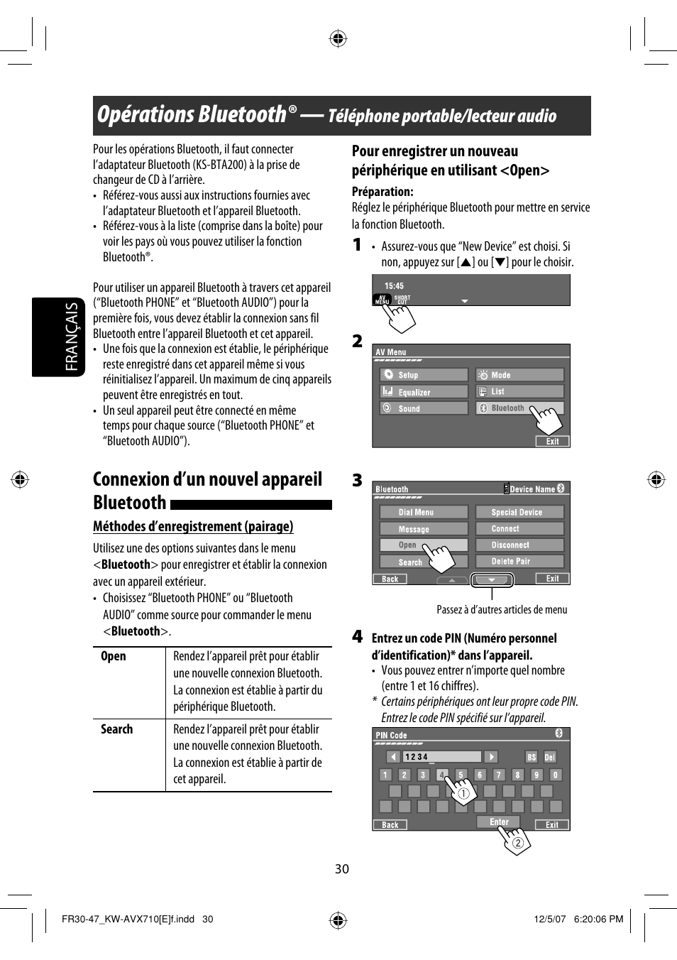 Opérations bluetooth, Connexion d’un nouvel appareil bluetooth, Téléphone portable/lecteur audio | JVC KW-AVX710  EU User Manual | Page 174 / 291