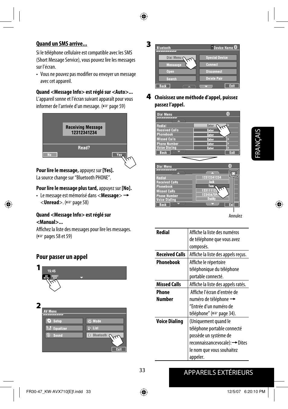 Appareils extérieurs français, Pour passer un appel | JVC KW-AVX710  EU User Manual | Page 177 / 291