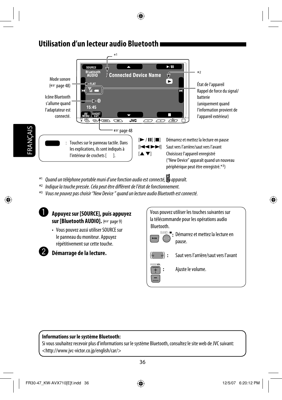 Utilisation d’un lecteur audio bluetooth, Français | JVC KW-AVX710  EU User Manual | Page 180 / 291