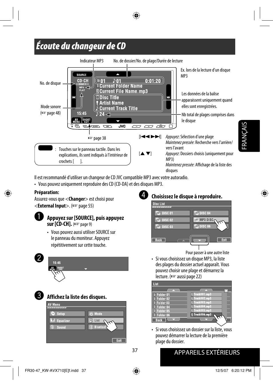 Écoute du changeur de cd, Appareils extérieurs français | JVC KW-AVX710  EU User Manual | Page 181 / 291