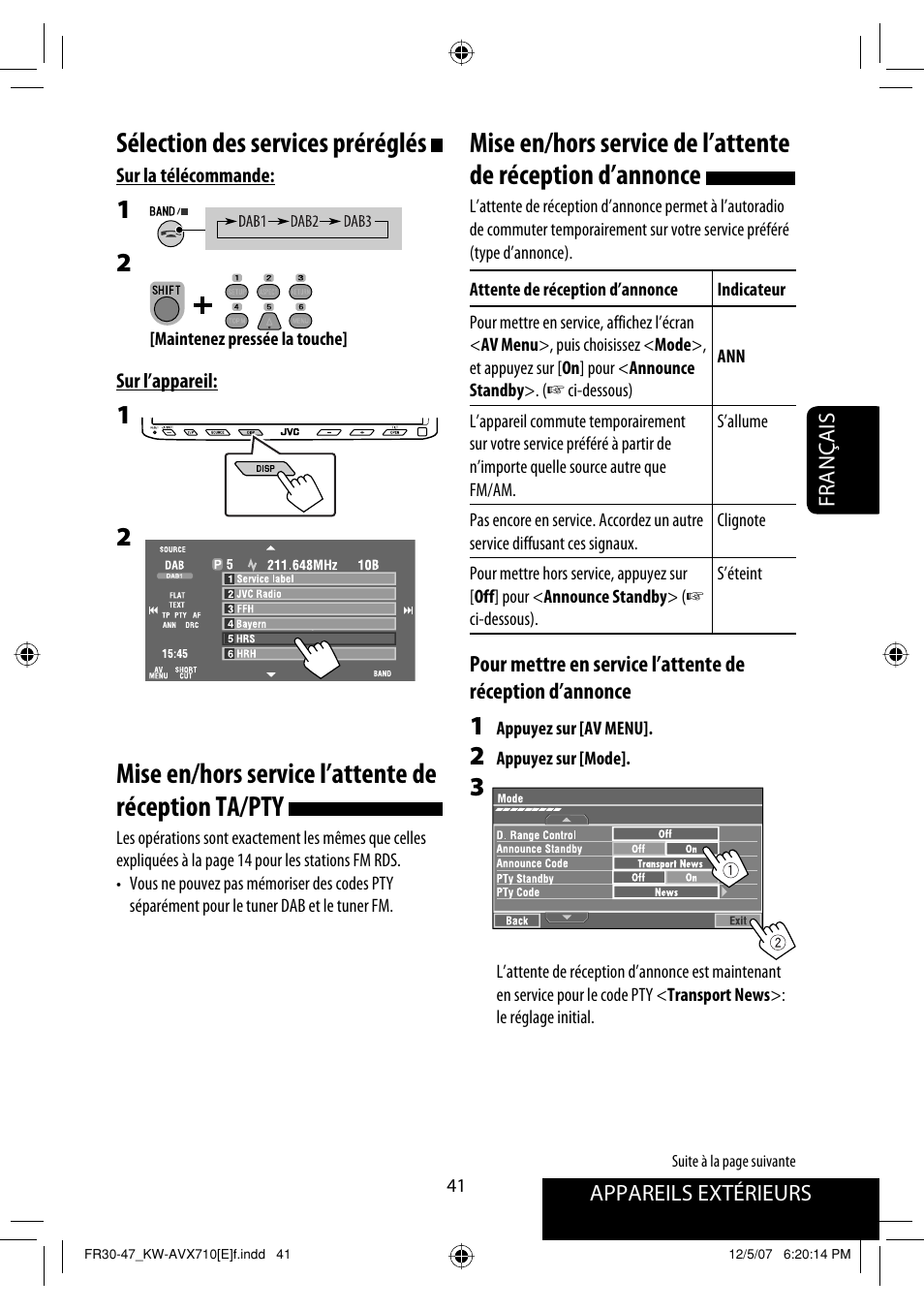 Sélection des services préréglés, Mise en/hors service l’attente de réception ta/pty | JVC KW-AVX710  EU User Manual | Page 185 / 291