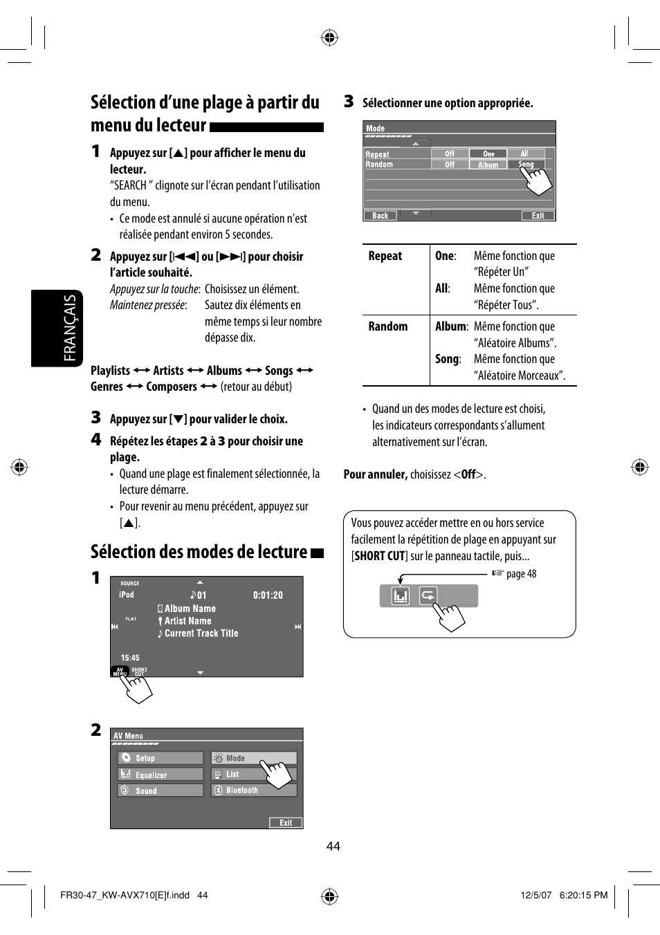 Sélection d’une plage à partir du menu du lecteur, Sélection des modes de lecture | JVC KW-AVX710  EU User Manual | Page 188 / 291