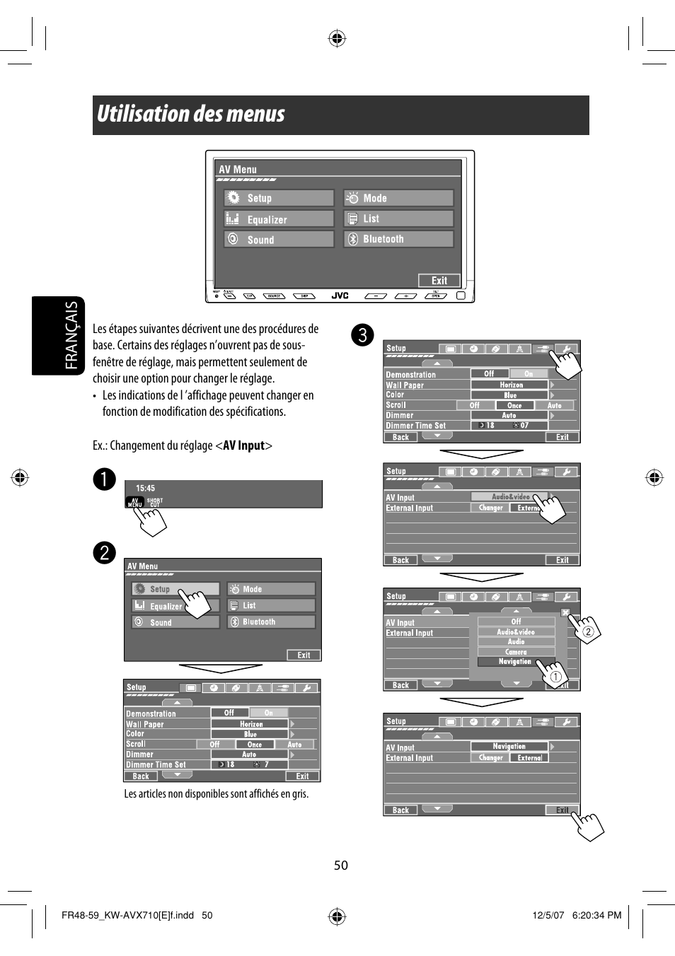 Utilisation des menus | JVC KW-AVX710  EU User Manual | Page 194 / 291