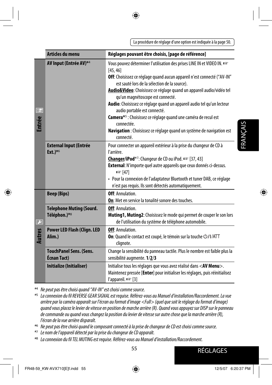 Réglages, Français, Entrée | Autres | JVC KW-AVX710  EU User Manual | Page 199 / 291