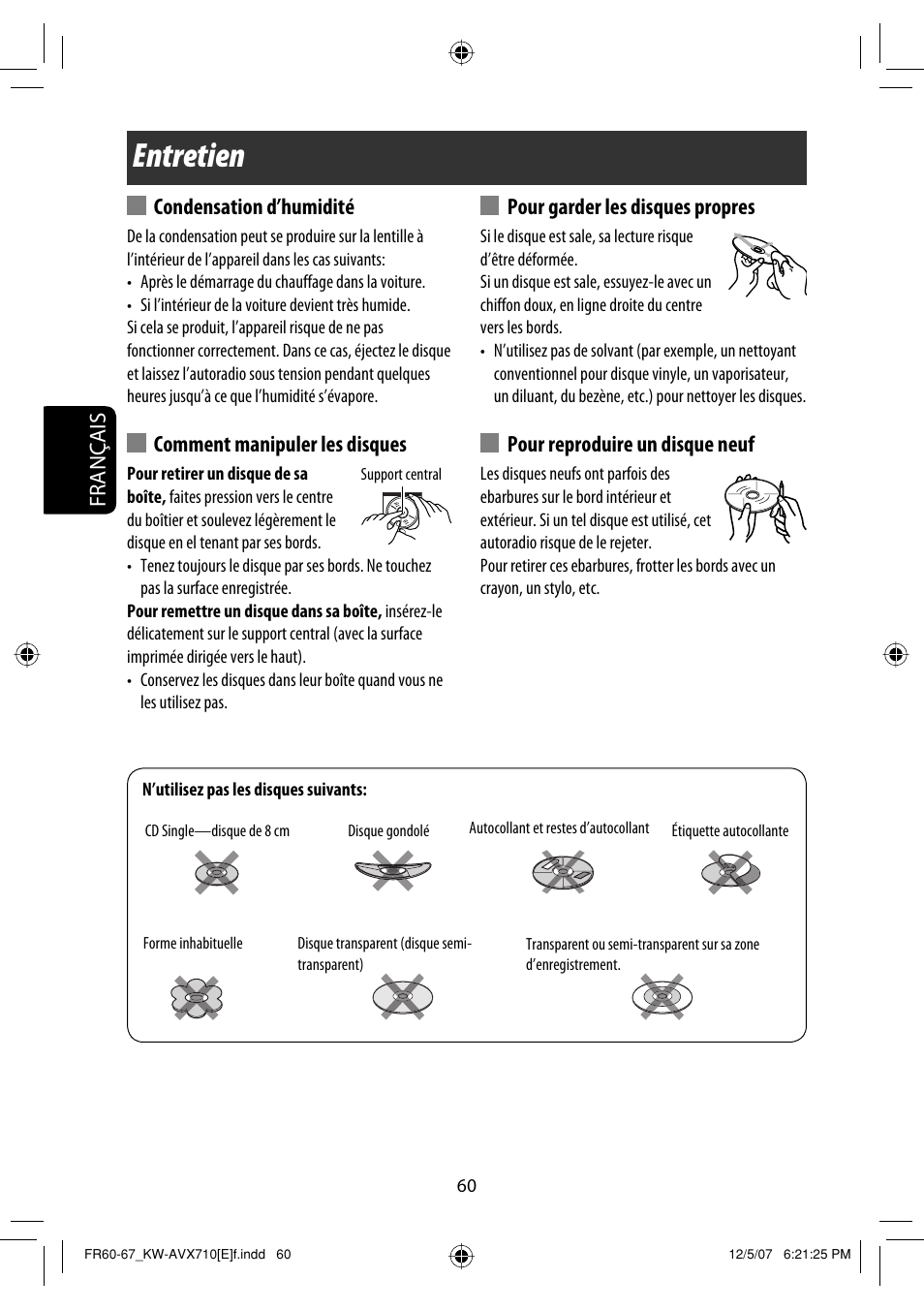 Entretien, Français, Condensation d’humidité | Comment manipuler les disques, Pour garder les disques propres, Pour reproduire un disque neuf | JVC KW-AVX710  EU User Manual | Page 204 / 291