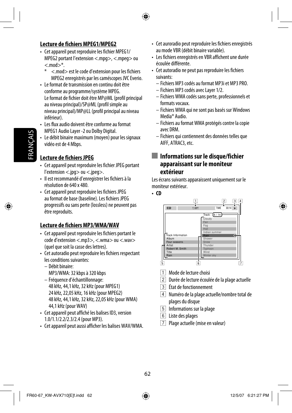 Français, Lecture de fichiers mpeg1/mpeg2, Lecture de fichiers jpeg | Lecture de fichiers mp3/wma/wav | JVC KW-AVX710  EU User Manual | Page 206 / 291