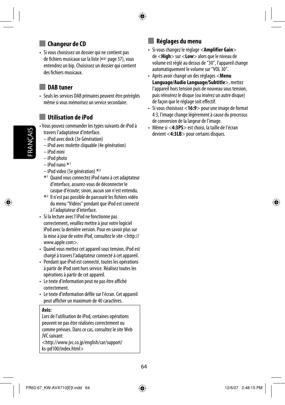 Français changeur de cd, Dab tuner, Utilisation de ipod | Réglages du menu | JVC KW-AVX710  EU User Manual | Page 208 / 291