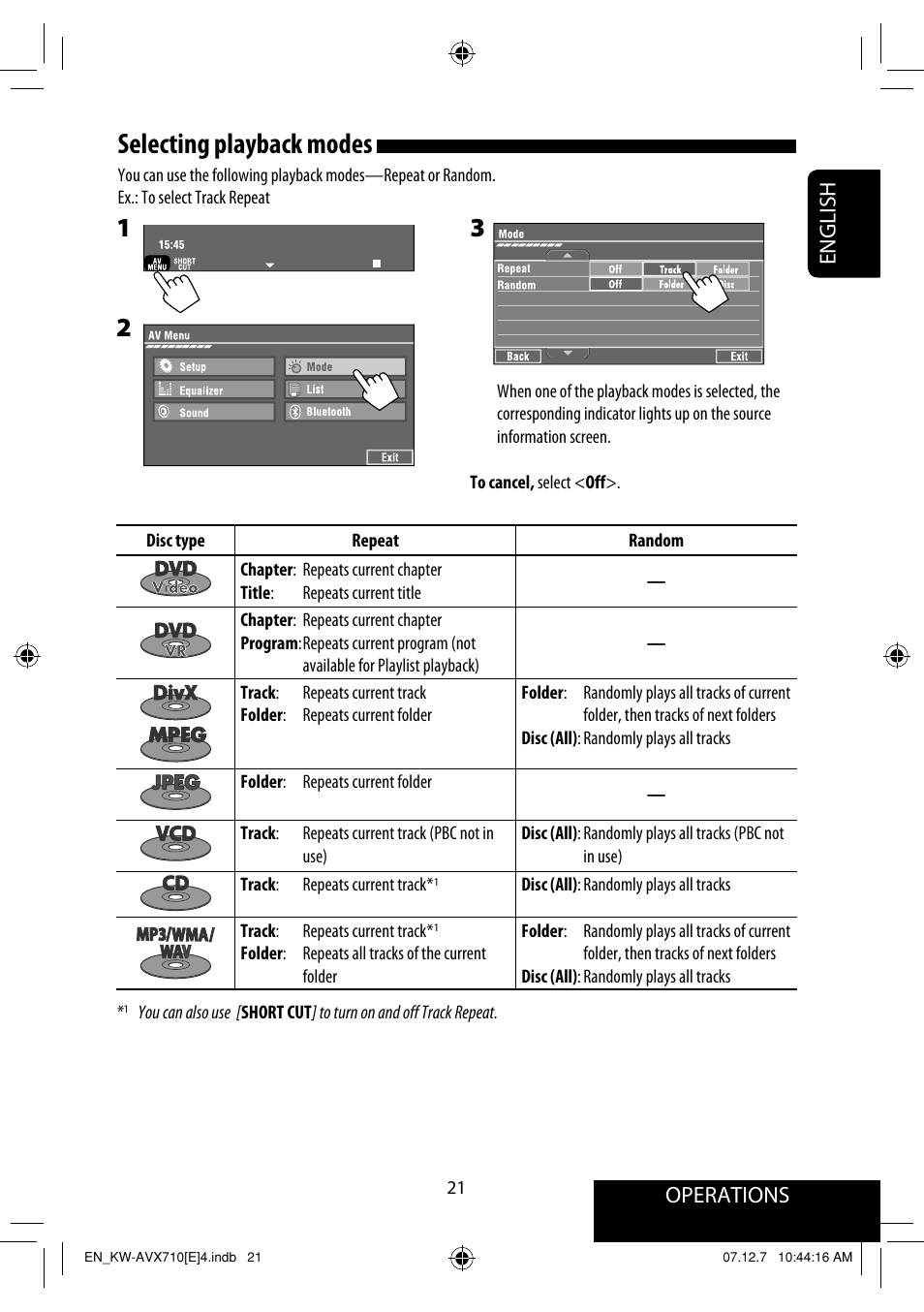 Selecting playback modes, Operations, English | JVC KW-AVX710  EU User Manual | Page 21 / 291