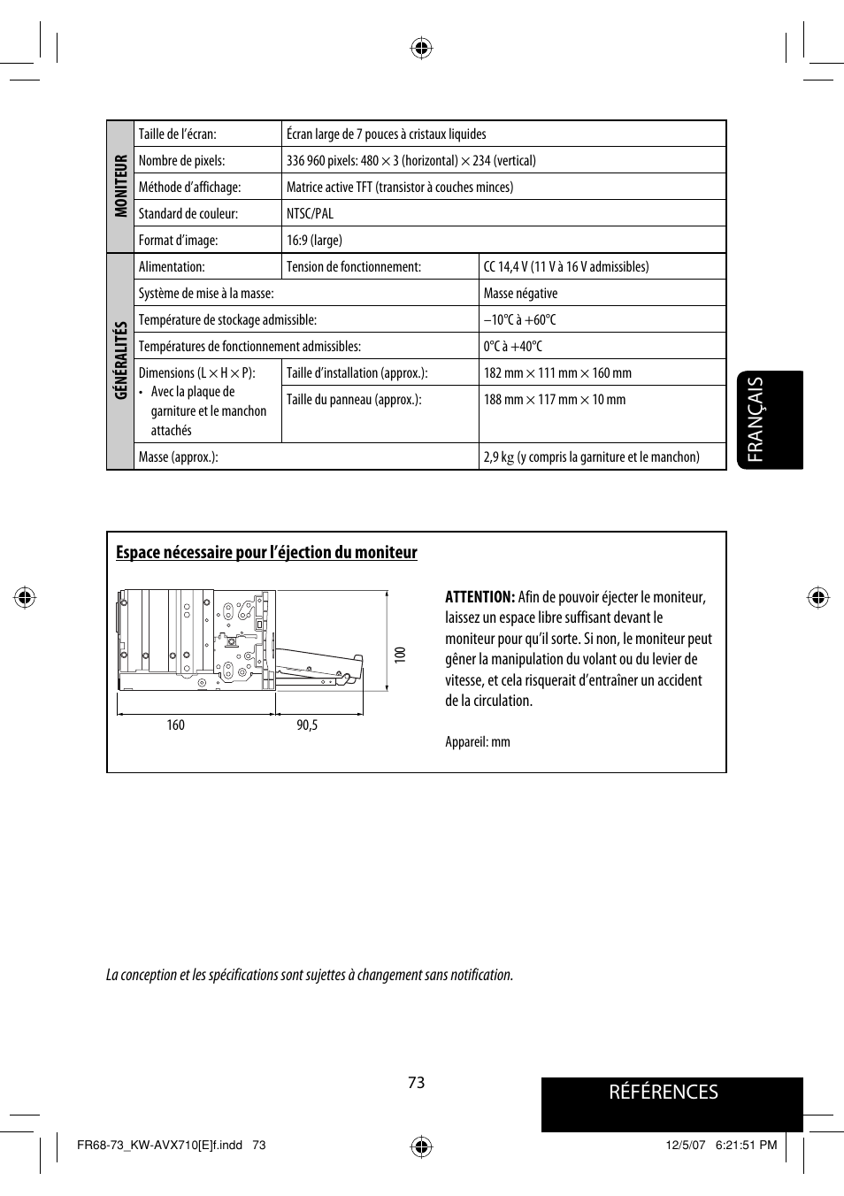 Références français, Espace nécessaire pour l’éjection du moniteur | JVC KW-AVX710  EU User Manual | Page 217 / 291