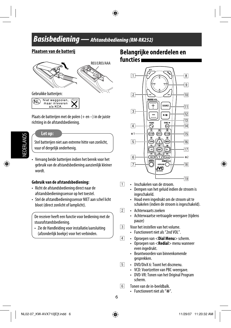 Basisbediening, Belangrijke onderdelen en functies, Nederlands | Afstandsbediening (rm-rk252) | JVC KW-AVX710  EU User Manual | Page 222 / 291