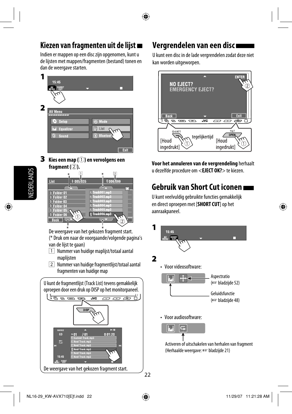 Vergrendelen van een disc, Gebruik van short cut iconen, Kiezen van fragmenten uit de lijst | JVC KW-AVX710  EU User Manual | Page 238 / 291