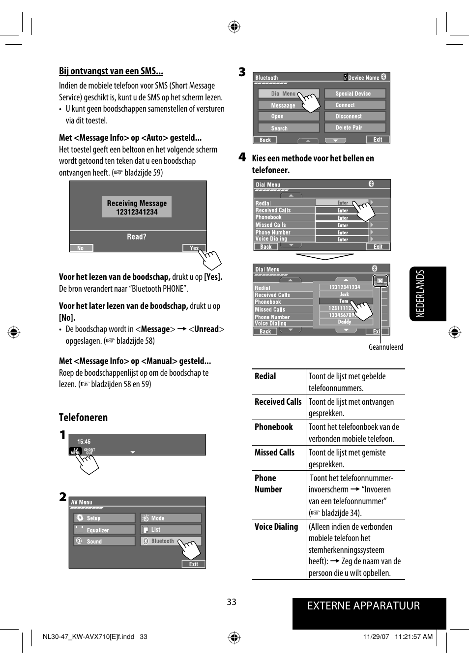 Externe apparatuur nederlands, Telefoneren | JVC KW-AVX710  EU User Manual | Page 249 / 291