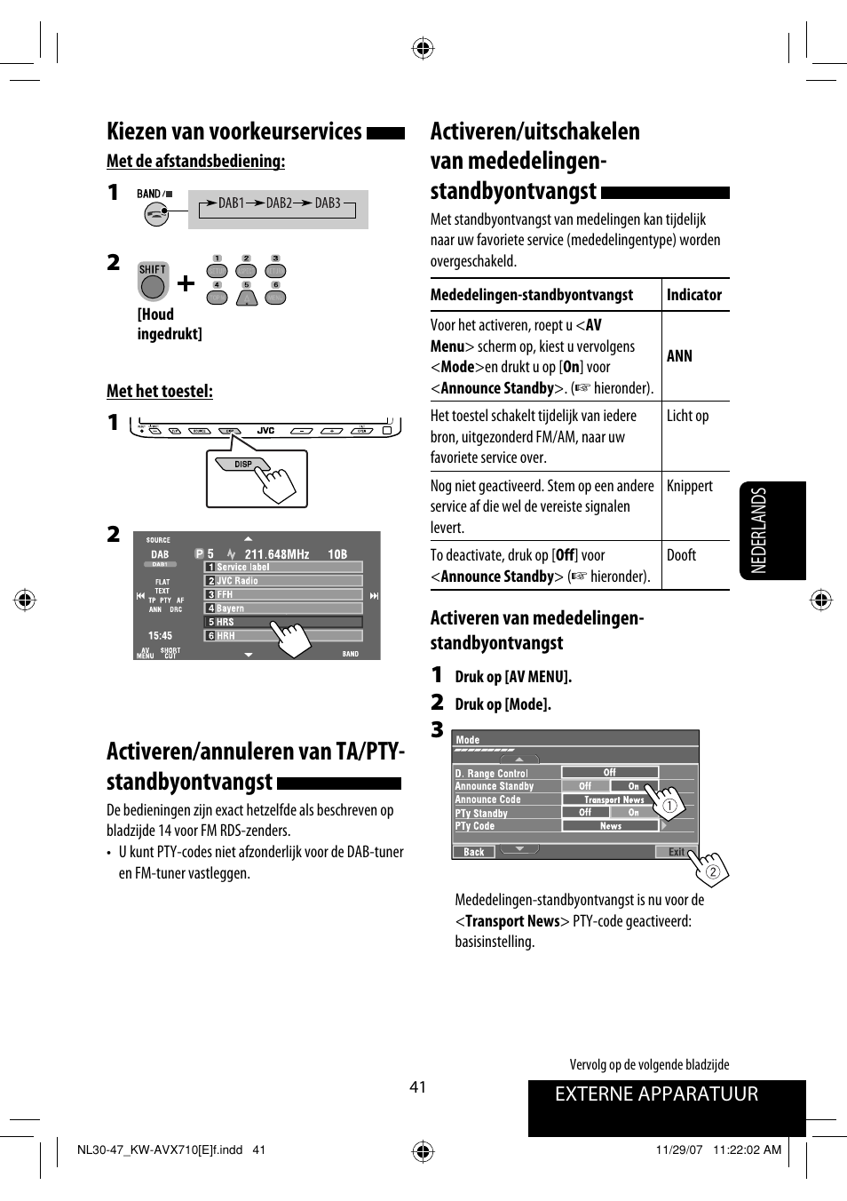 Kiezen van voorkeurservices, Activeren/annuleren van ta/pty- standbyontvangst | JVC KW-AVX710  EU User Manual | Page 257 / 291