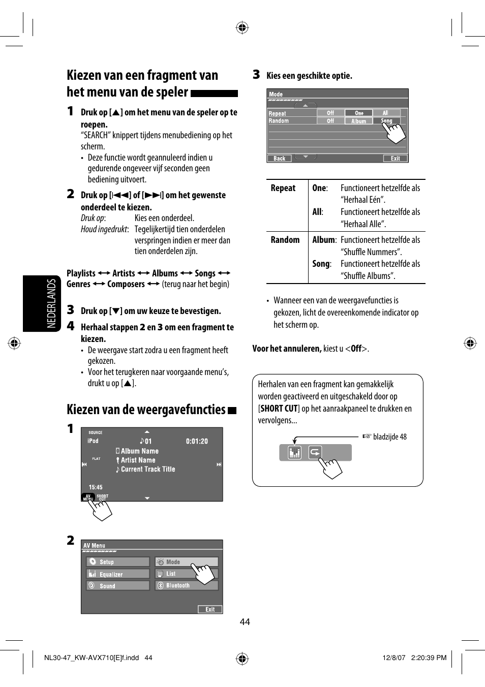 Kiezen van een fragment van het menu van de speler, Kiezen van de weergavefuncties | JVC KW-AVX710  EU User Manual | Page 260 / 291