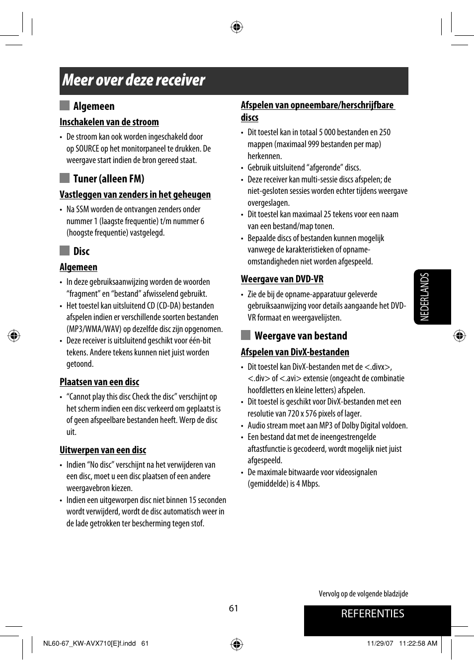 Meer over deze receiver, Referenties nederlands, Algemeen | Tuner (alleen fm), Disc, Weergave van bestand | JVC KW-AVX710  EU User Manual | Page 277 / 291