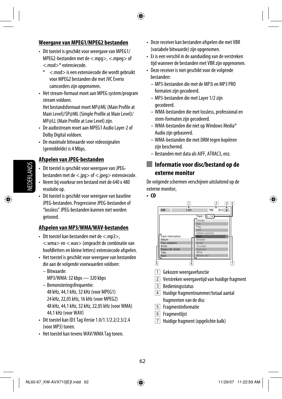 Nederlands, Informatie voor disc/bestand op de externe monitor | JVC KW-AVX710  EU User Manual | Page 278 / 291