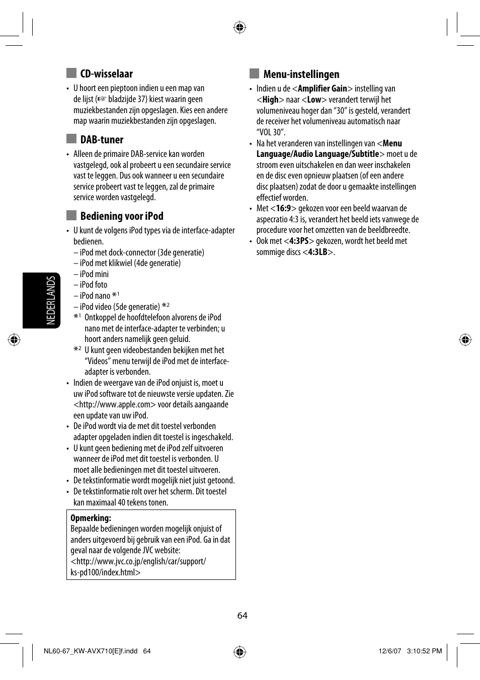 Nederlands cd-wisselaar, Dab-tuner, Bediening voor ipod | Menu-instellingen | JVC KW-AVX710  EU User Manual | Page 280 / 291